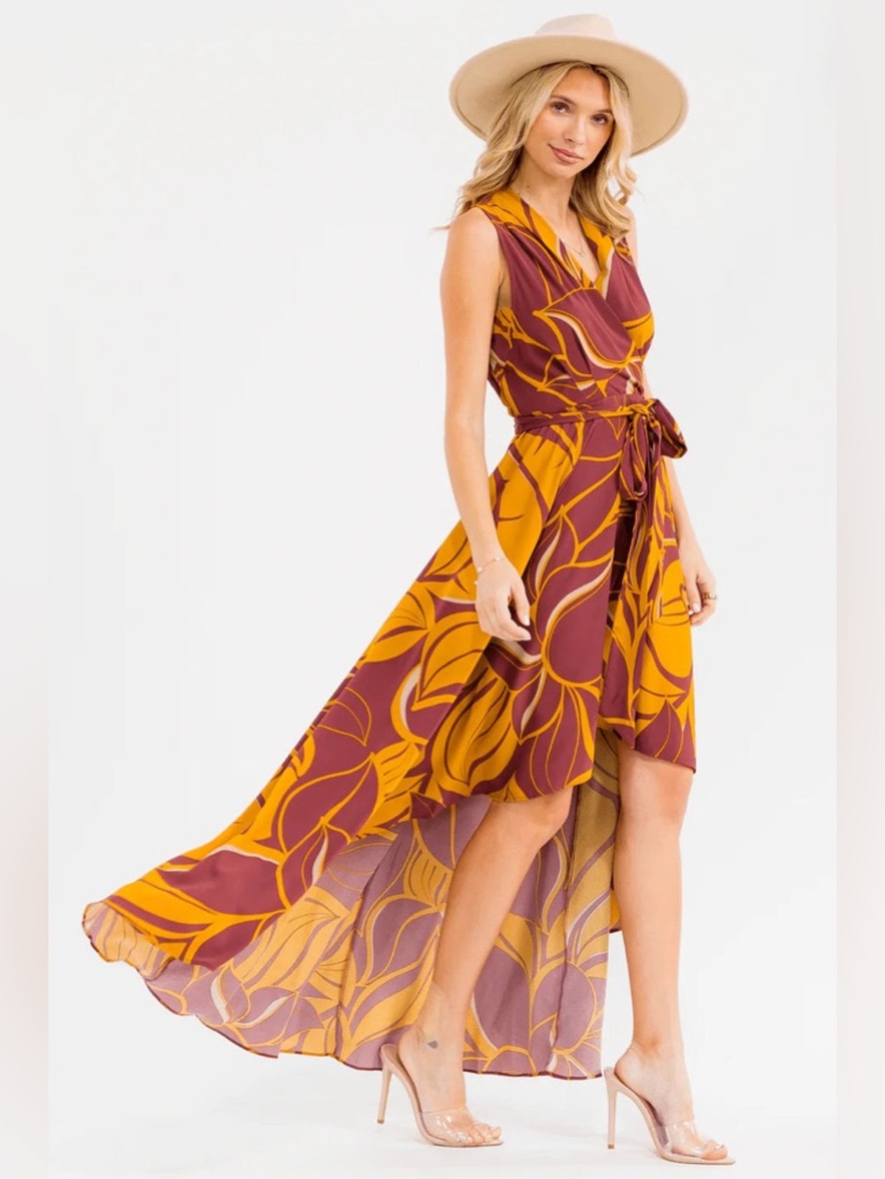 Burgundy & Mustard Abstract Print High Low Wrap Dress with Tie Waist